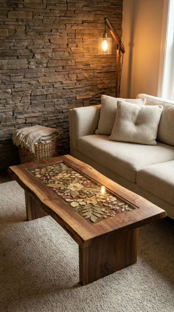 Live-edge walnut coffee table with a pressed dried flower resin inlay panel
