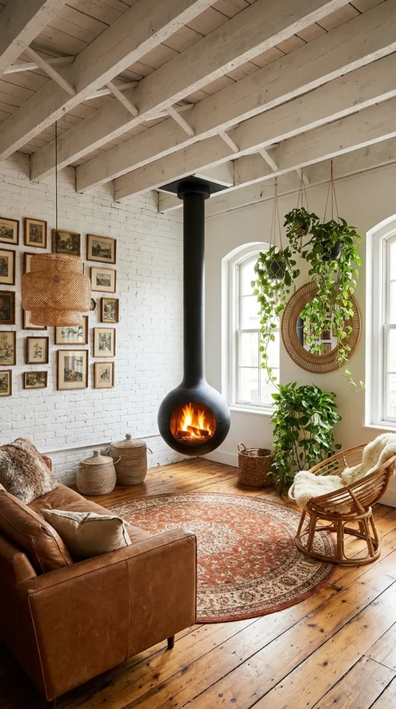 Black suspended ball fireplace hanging in a white brick loft beside a vintage gallery wall