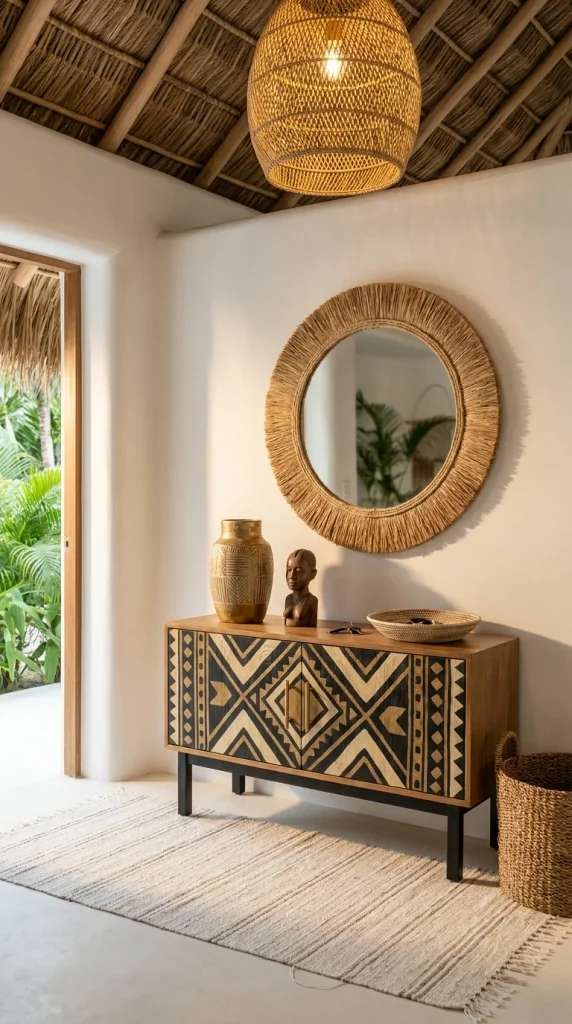 Tropical entryway with hand-painted wood sideboard and round rattan sunburst mirror