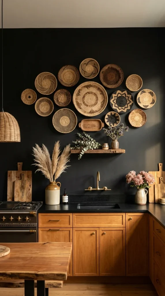 A moody black-walled kitchen with a large curated arrangement of woven baskets above wood cabinetry