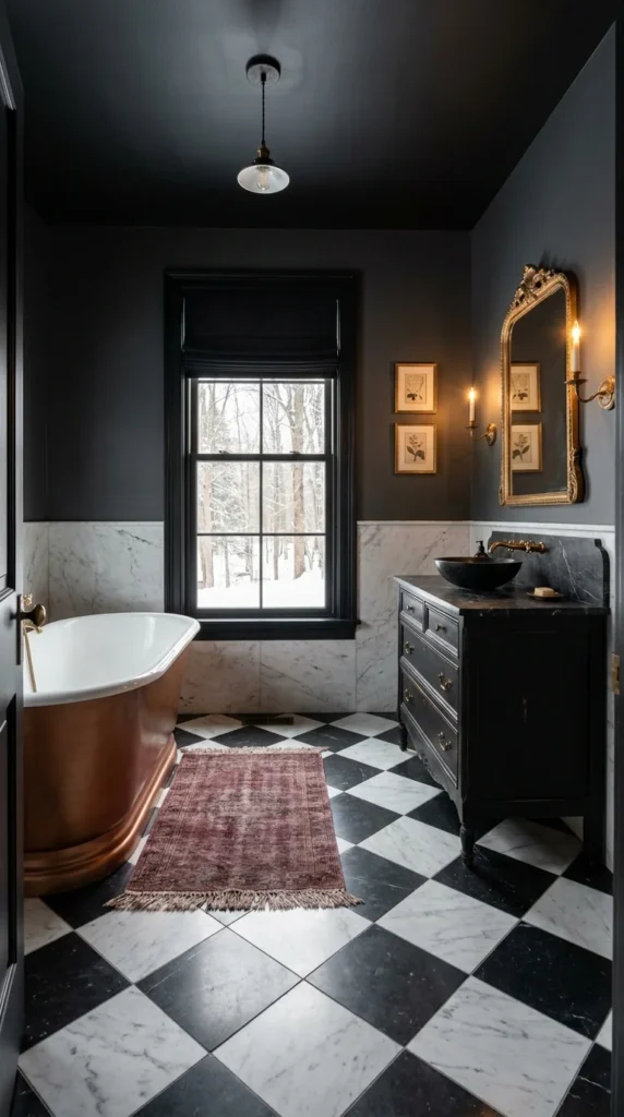 Checkerboard marble bathroom with copper tub and black vanity dresser