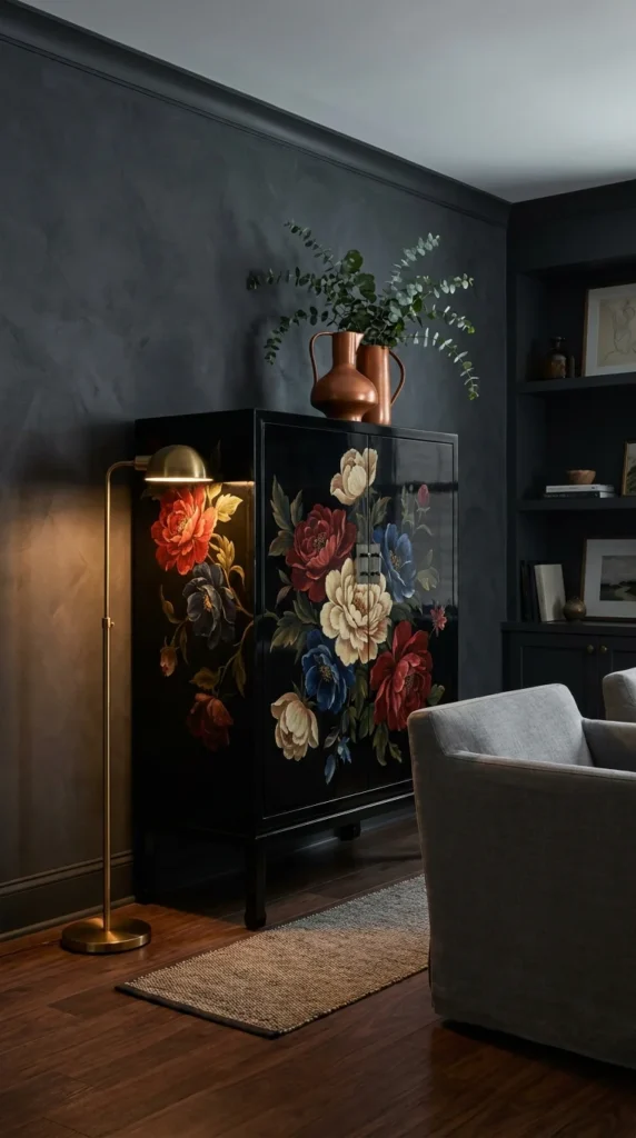 Black lacquered cabinet with hand-painted red, cream, and blue florals in a dark room
