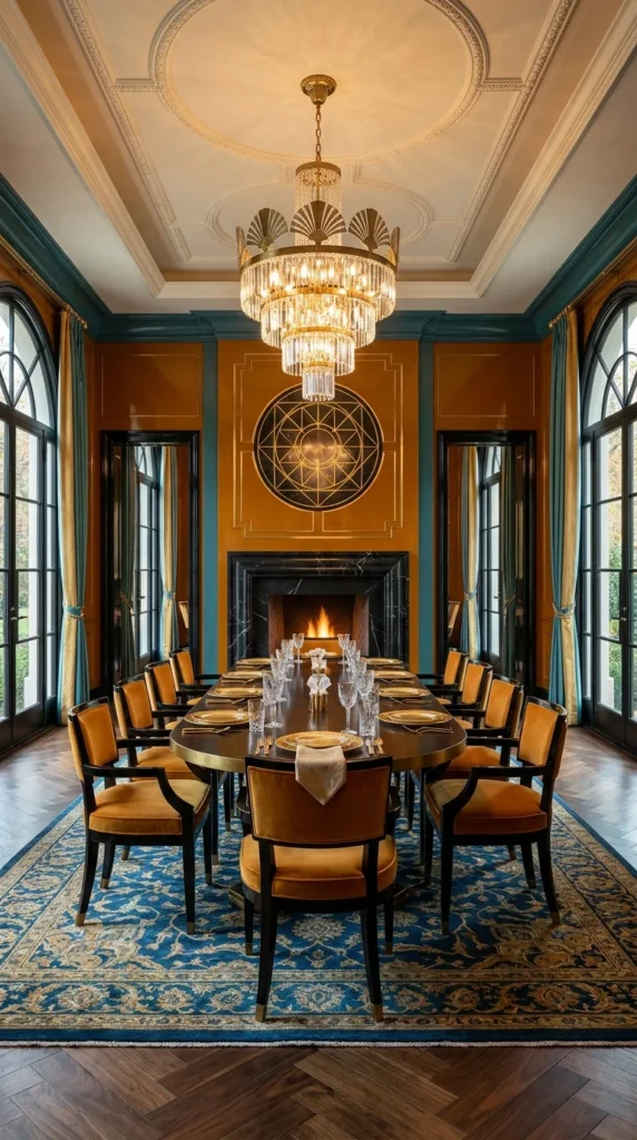 Formal mustard and teal dining room with fireplace and tiered crystal chandelier