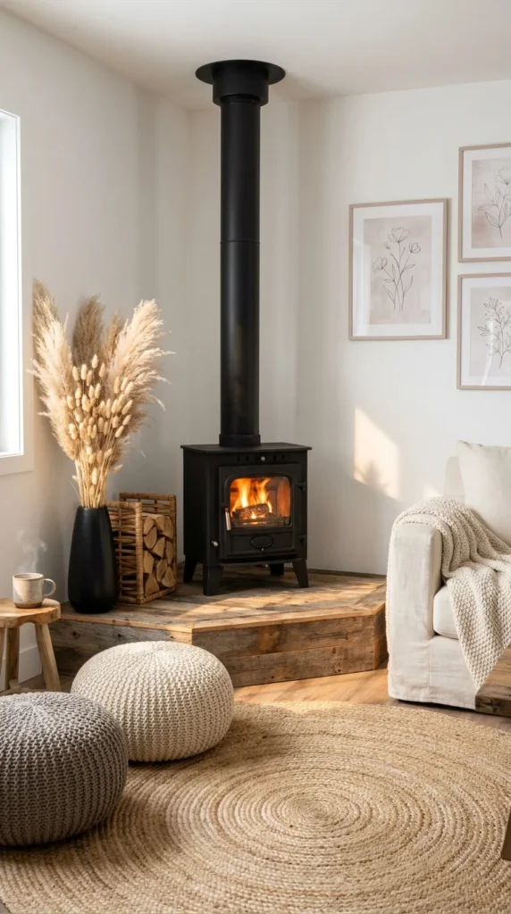Small black wood stove on a raised reclaimed wood platform beside knit floor poufs