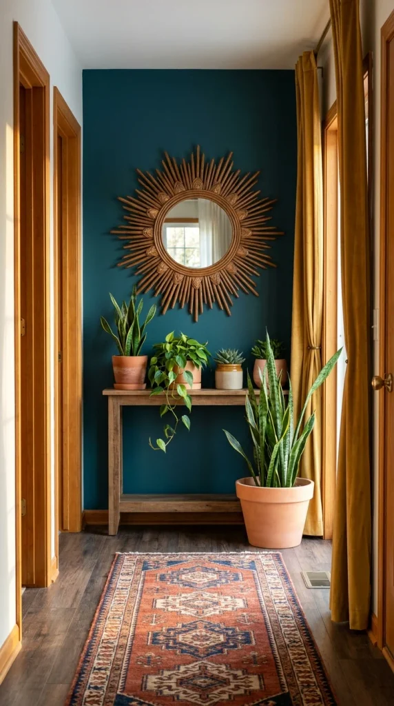 Hallway with deep teal accent wall, sunburst mirror, and potted snake plants