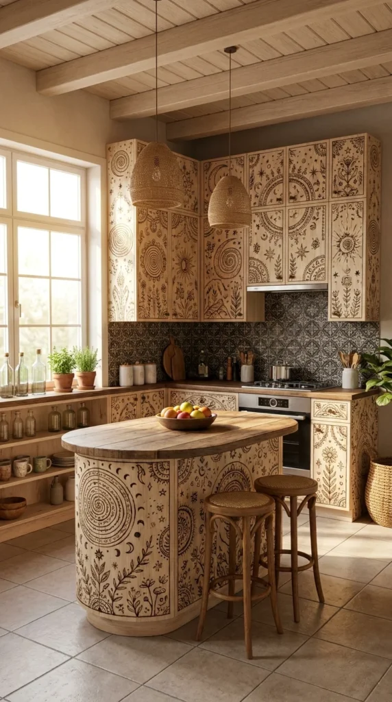 An all-white-washed wood kitchen with a vaulted beam ceiling and three oversized rattan pendant lights