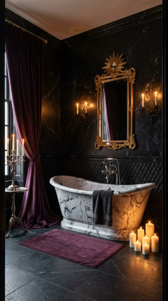 Black quilted wall bathroom with white marble tub and plum velvet curtains