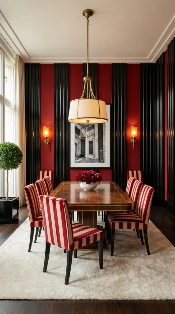 Red and black striped dining room with matching striped chairs and brass sconces