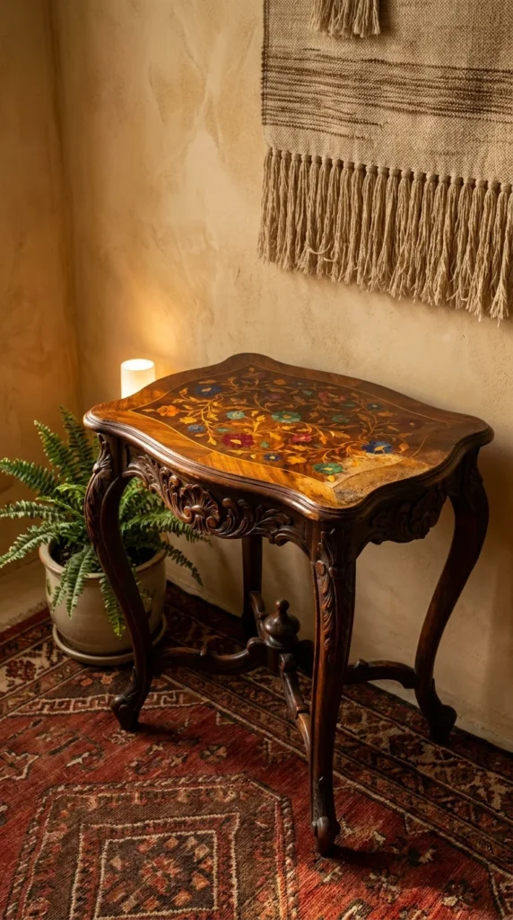 Cream coffee table hand-painted with blue and coral folk florals in a cabin living room