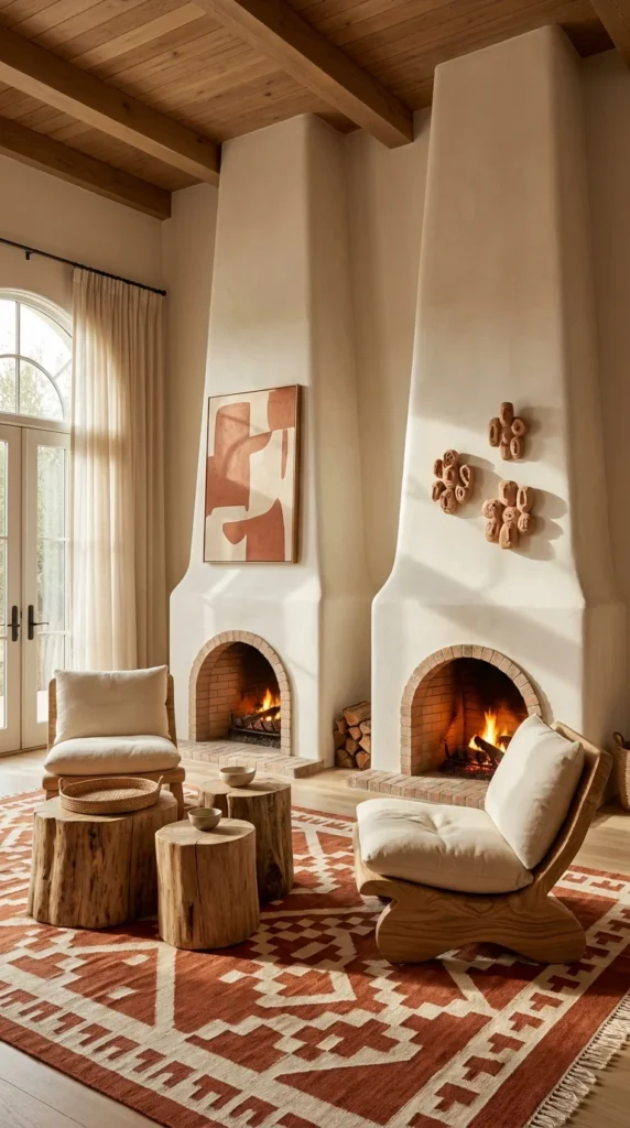 Two matching arches frame the hearth the way a doorway frames a room.