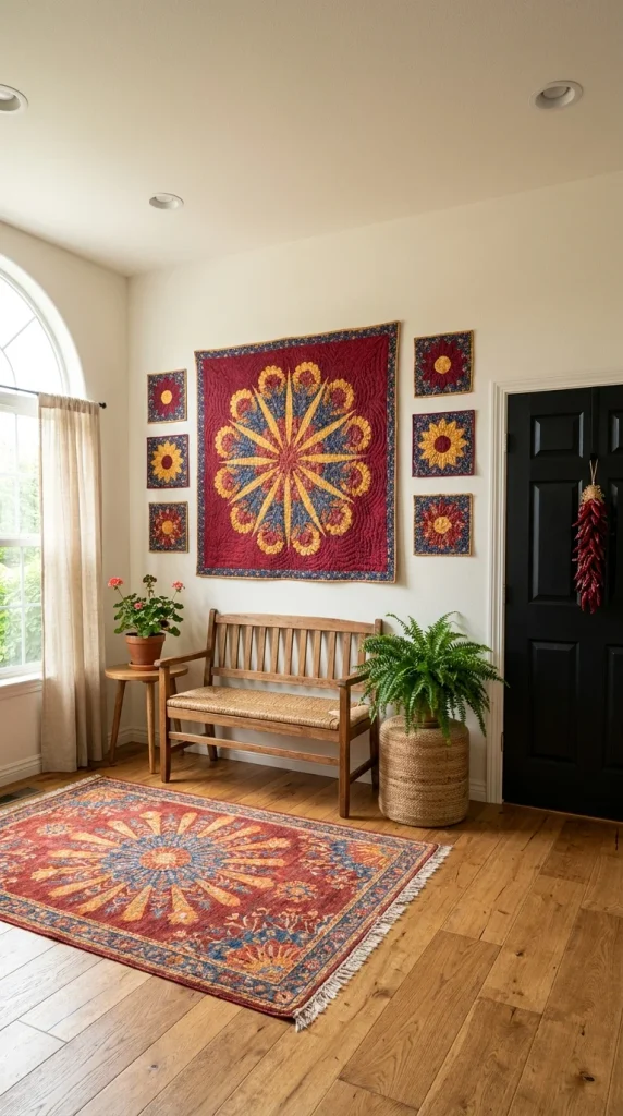 Entryway wall with large quilted sunburst textile art and matching smaller quilt squares