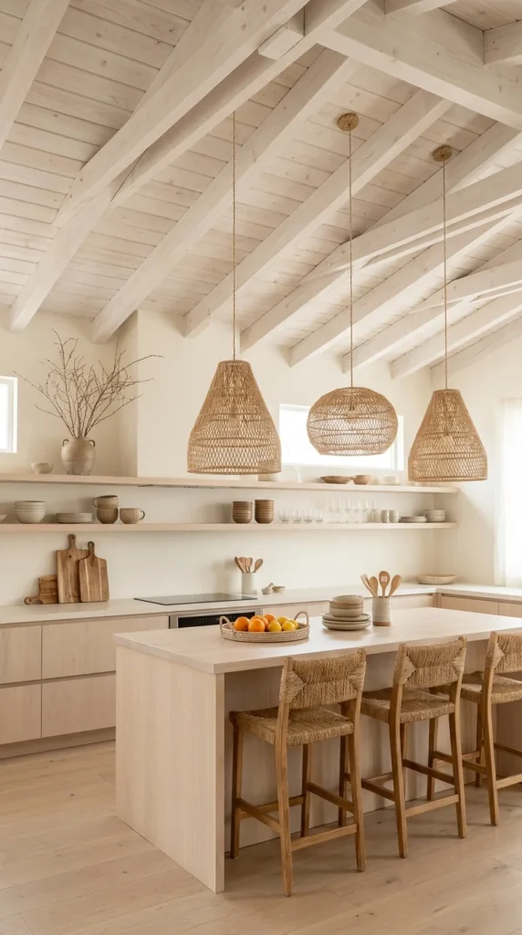 An all-white-washed wood kitchen with a vaulted beam ceiling and three oversized rattan pendant lights