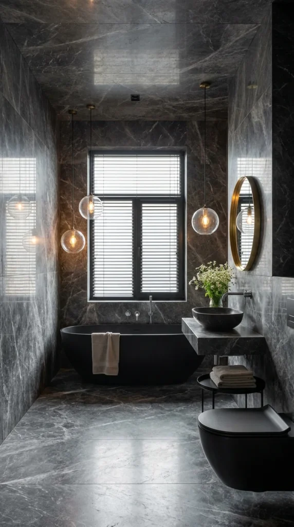 Grey stone slab bathroom with matte black oval tub and glass pendants