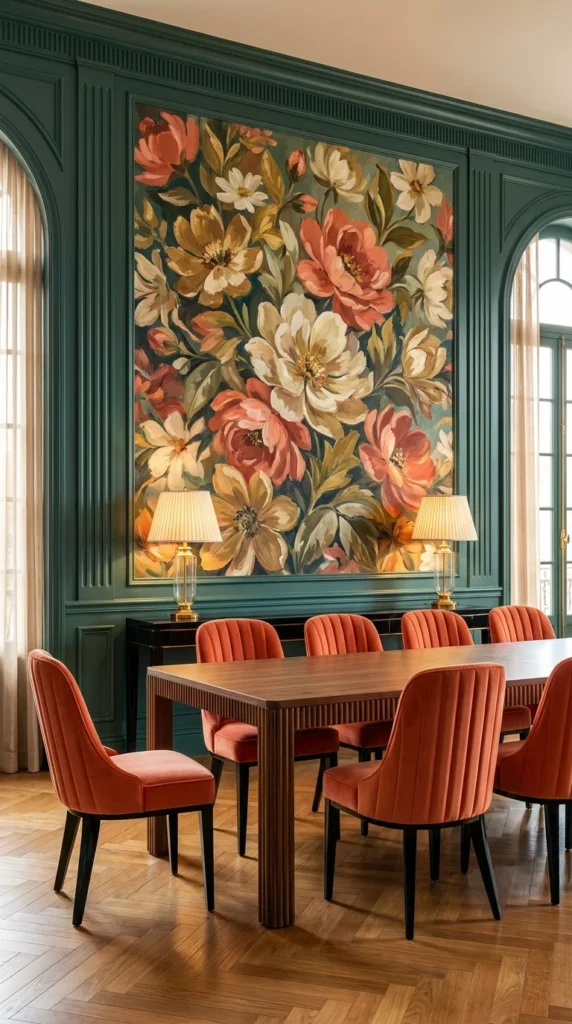 Teal dining room with large botanical floral mural and coral velvet chairs