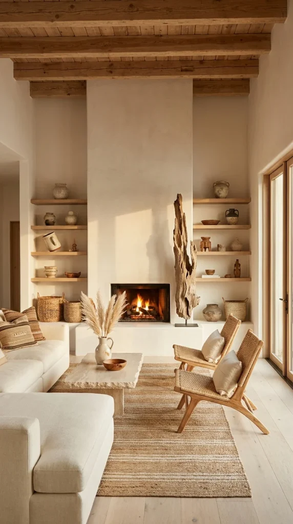 Wide plaster fireplace column with open wood shelving displaying pottery beside French doors