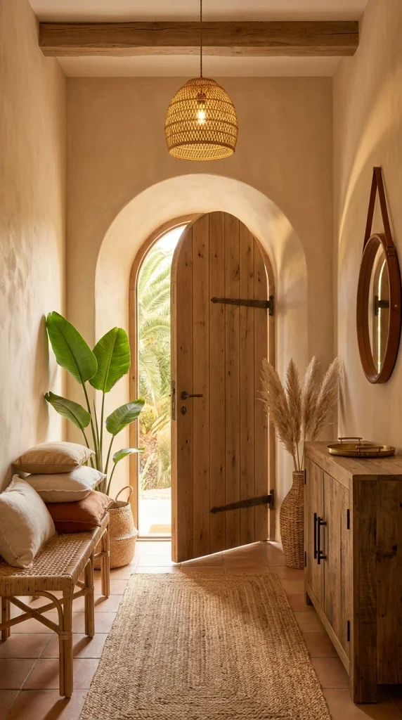Whitewashed hallway with wood beams, terracotta tile, and archway leading to a second room