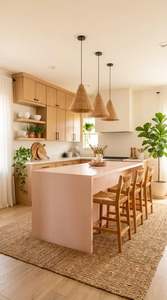 A soft pink kitchen island with light oak cabinetry, black cone pendant lights, and a jute area rug