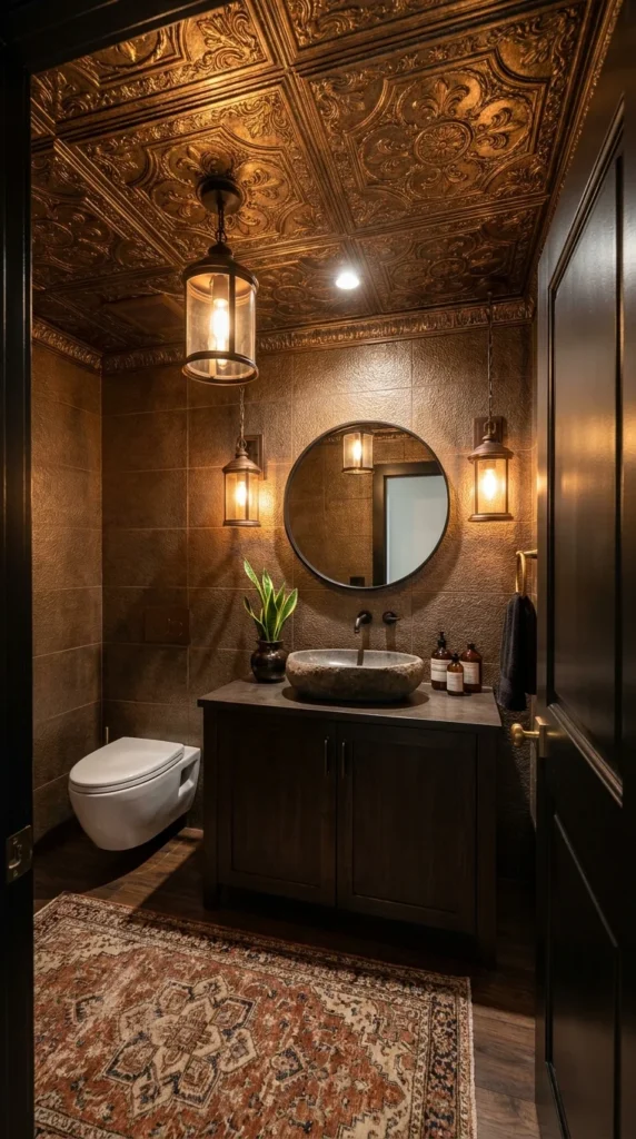 Bathroom with ornate pressed-tin ceiling and stone vessel sink