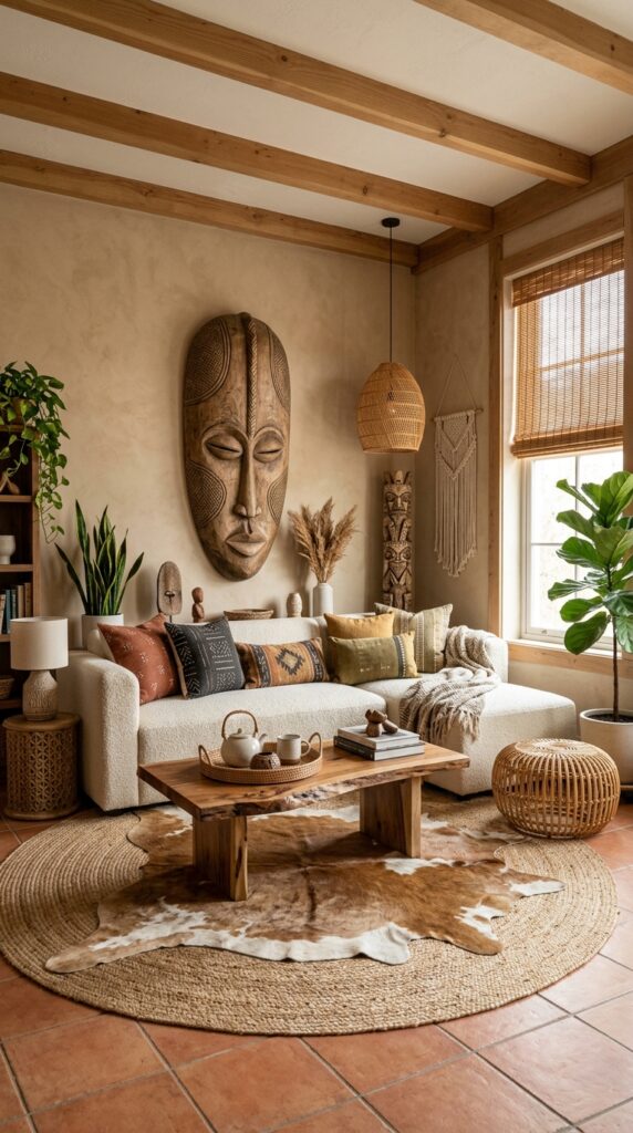 Boho living room with oversized carved wood tribal mask above boucle sofa