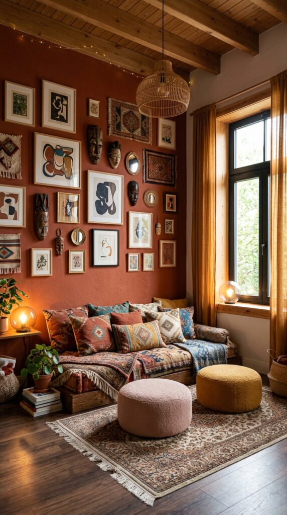  Terracotta wall with dense maximalist gallery of framed art and masks 