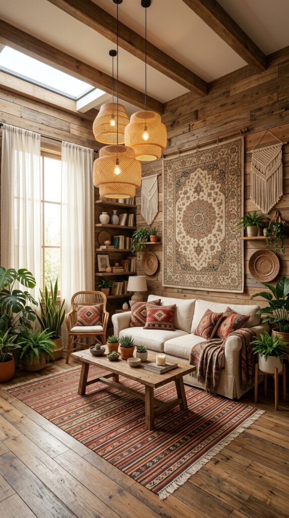 Wood plank wall with vintage rug hung as art above cream sofa 