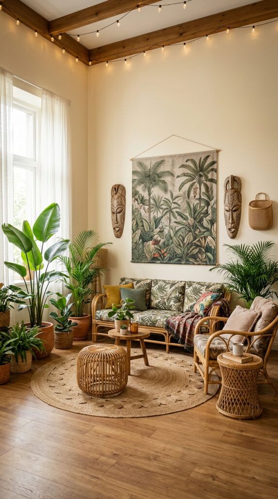 Urban jungle boho living room with tropical tapestry and dense live plants 