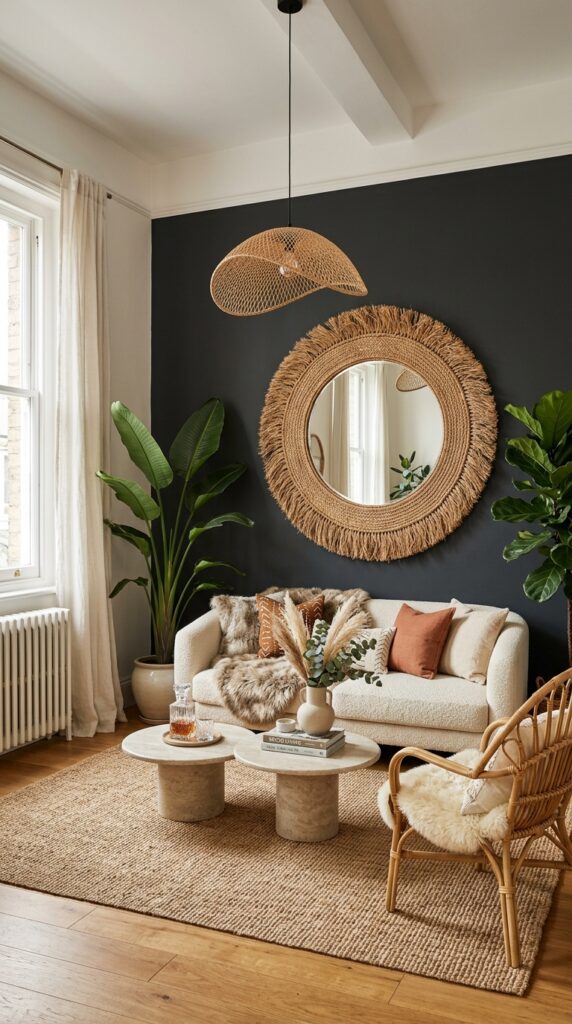 Charcoal accent wall boho living room with fringed mirror and rattan pendant