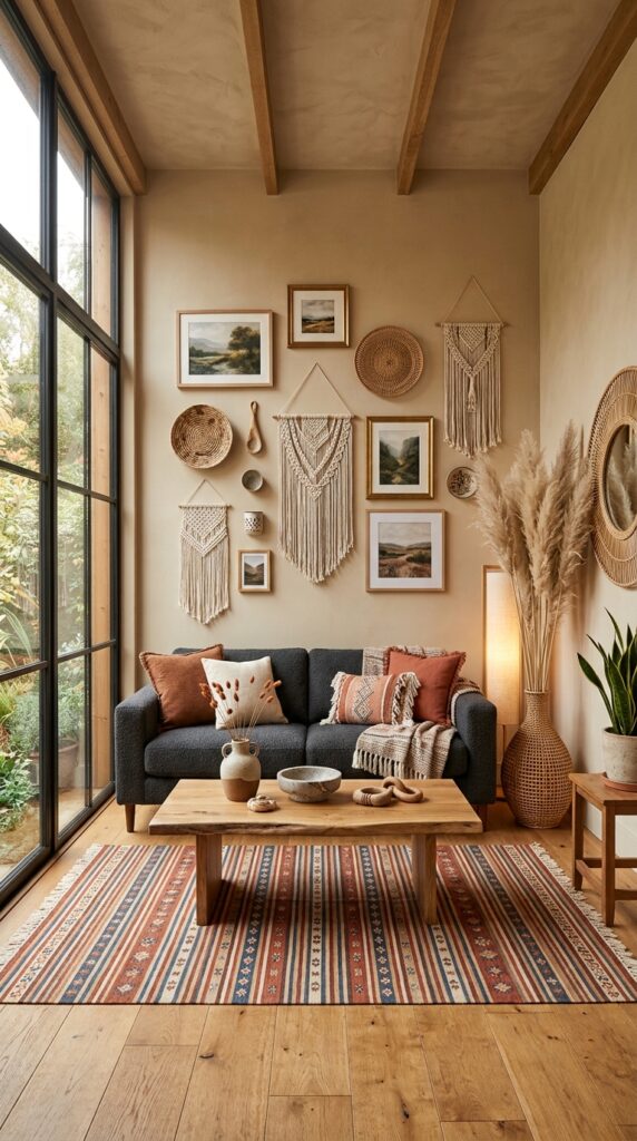 Mixed gallery wall with framed art and woven baskets above charcoal sofa