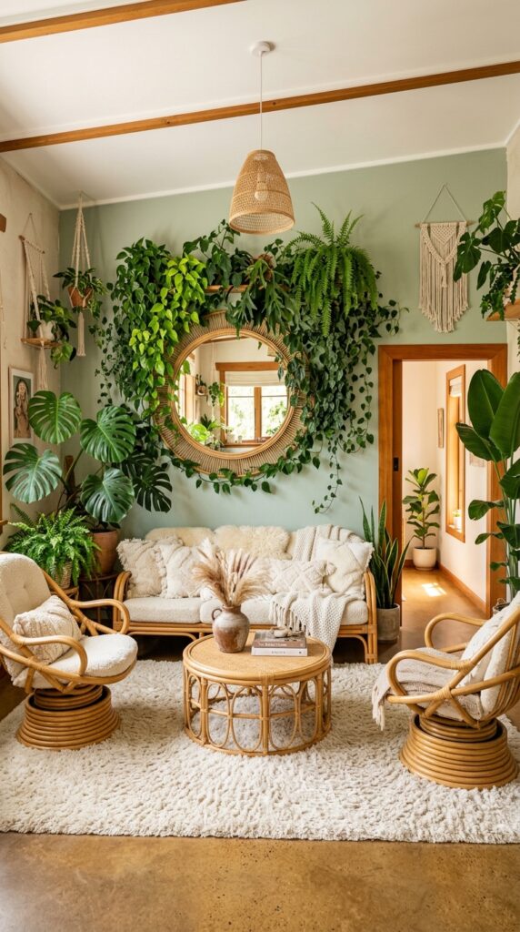 Round mirror covered in trailing plants on sage green living room wall 