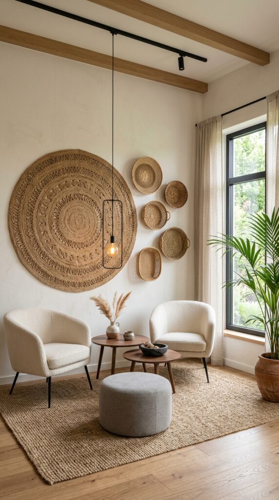 Minimalist boho living room with jute wall hanging and woven baskets