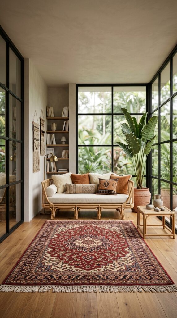 Glass sunroom living room with red medallion rug and rattan daybed sofa
