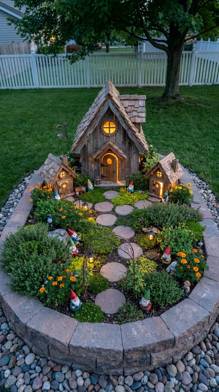 Circular stone garden bed with three lit wooden gnome cottages at dusk