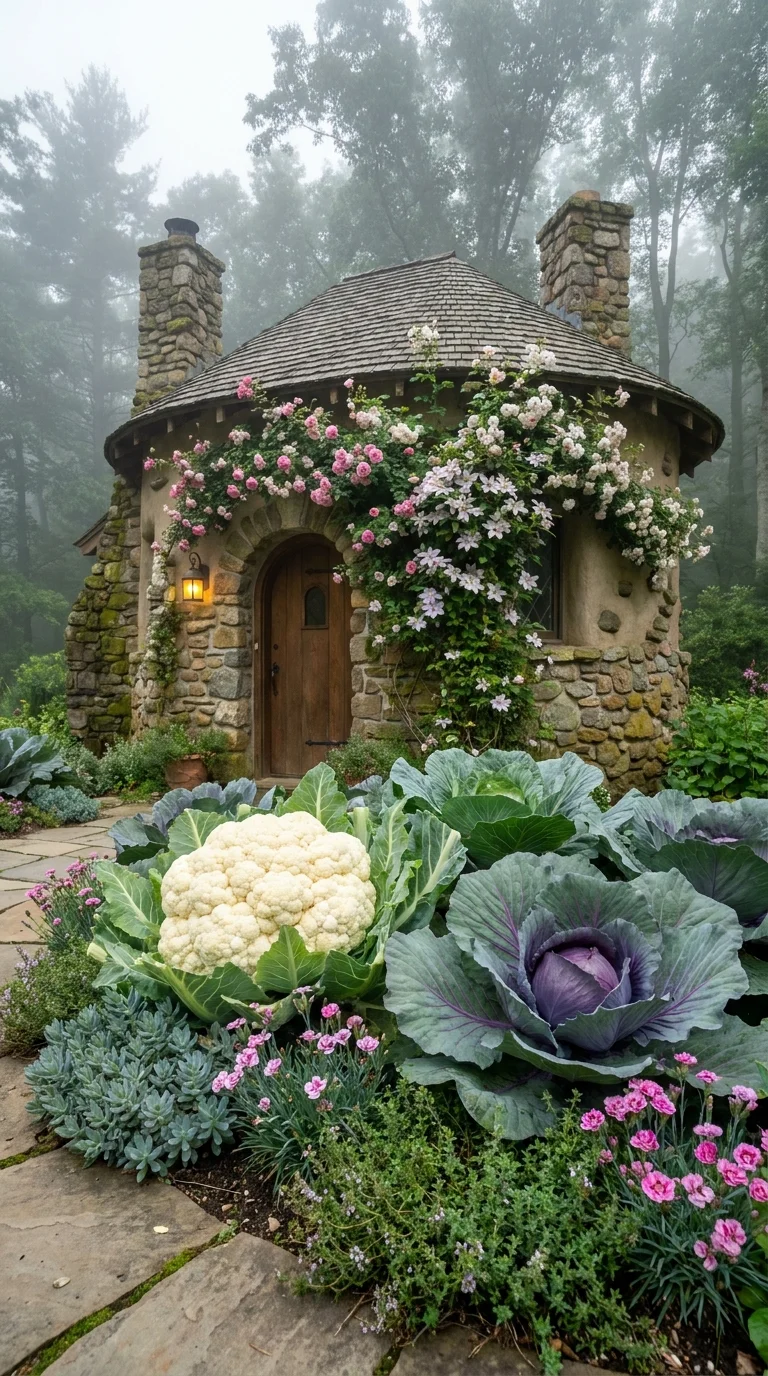 Round stone cottage in fog surrounded by ornamental cabbage and cauliflower