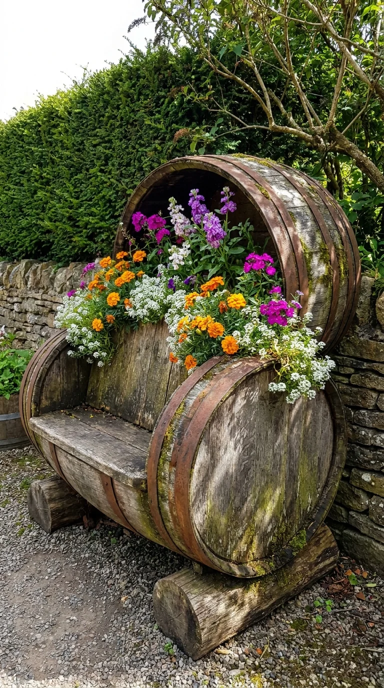 Reclaimed wine barrels turned into a flower-filled garden bench planter