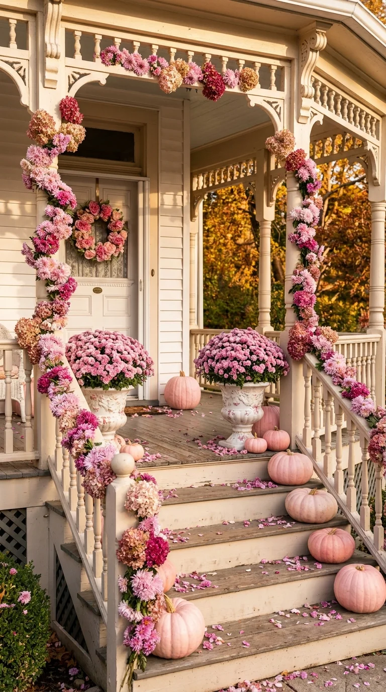 Victorian porch draped in blush floral garlands with pink pumpkins