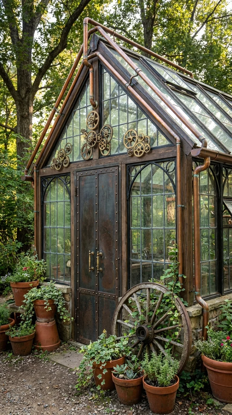 Copper-piped steampunk greenhouse with gear details and arched glass windows