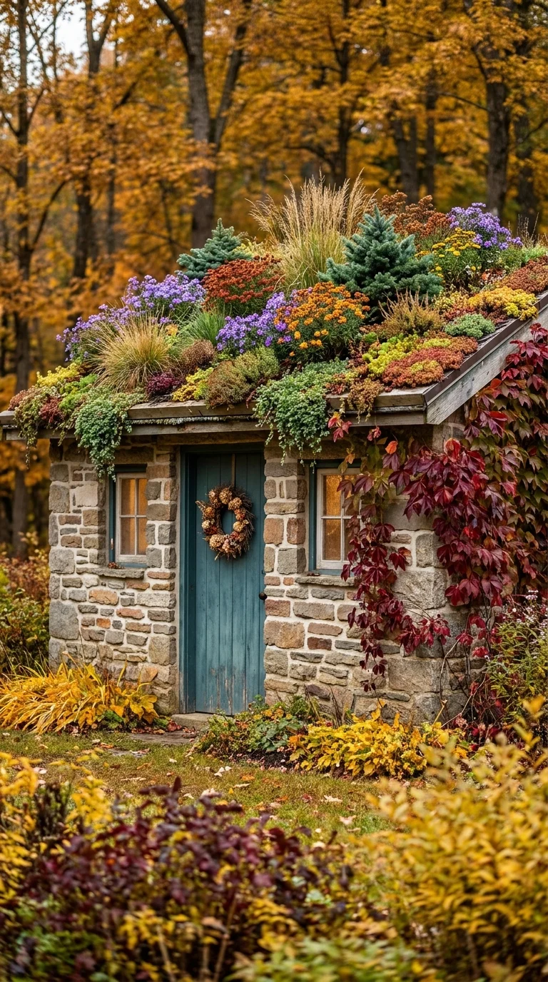 Stone garden shed topped with a lush layered living roof in autumn
