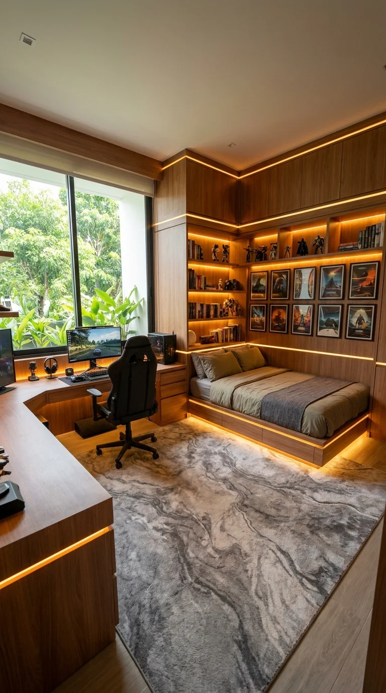 Wood-paneled corner daybed with movie poster gallery shelving
