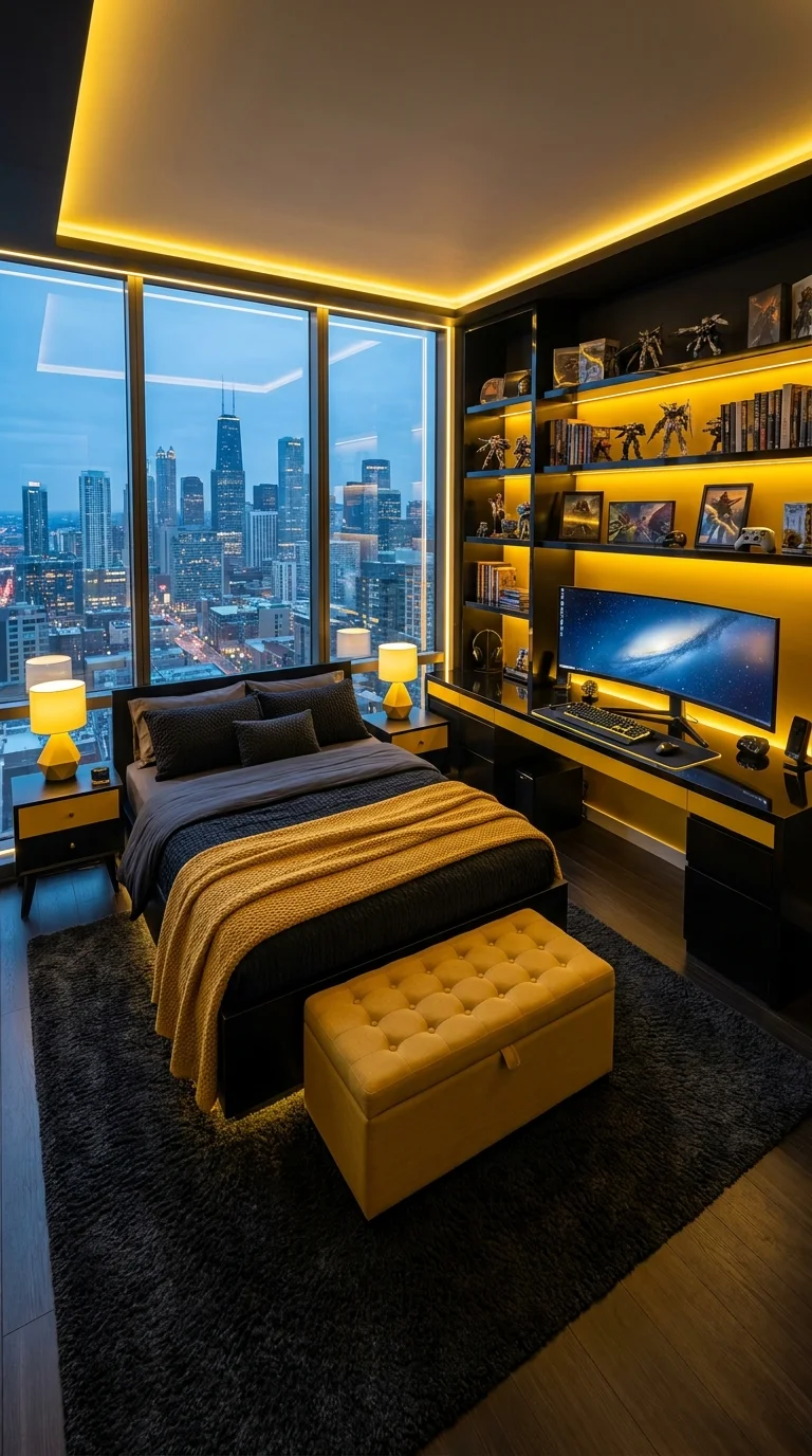 Black and yellow bedroom with LED cove lighting and city view