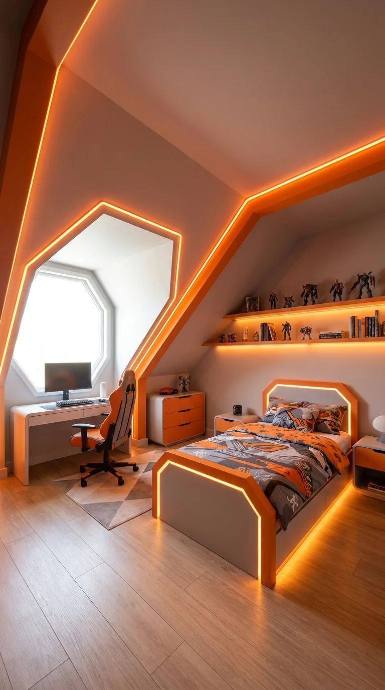 Attic bedroom with orange LED trim following the sloped ceiling