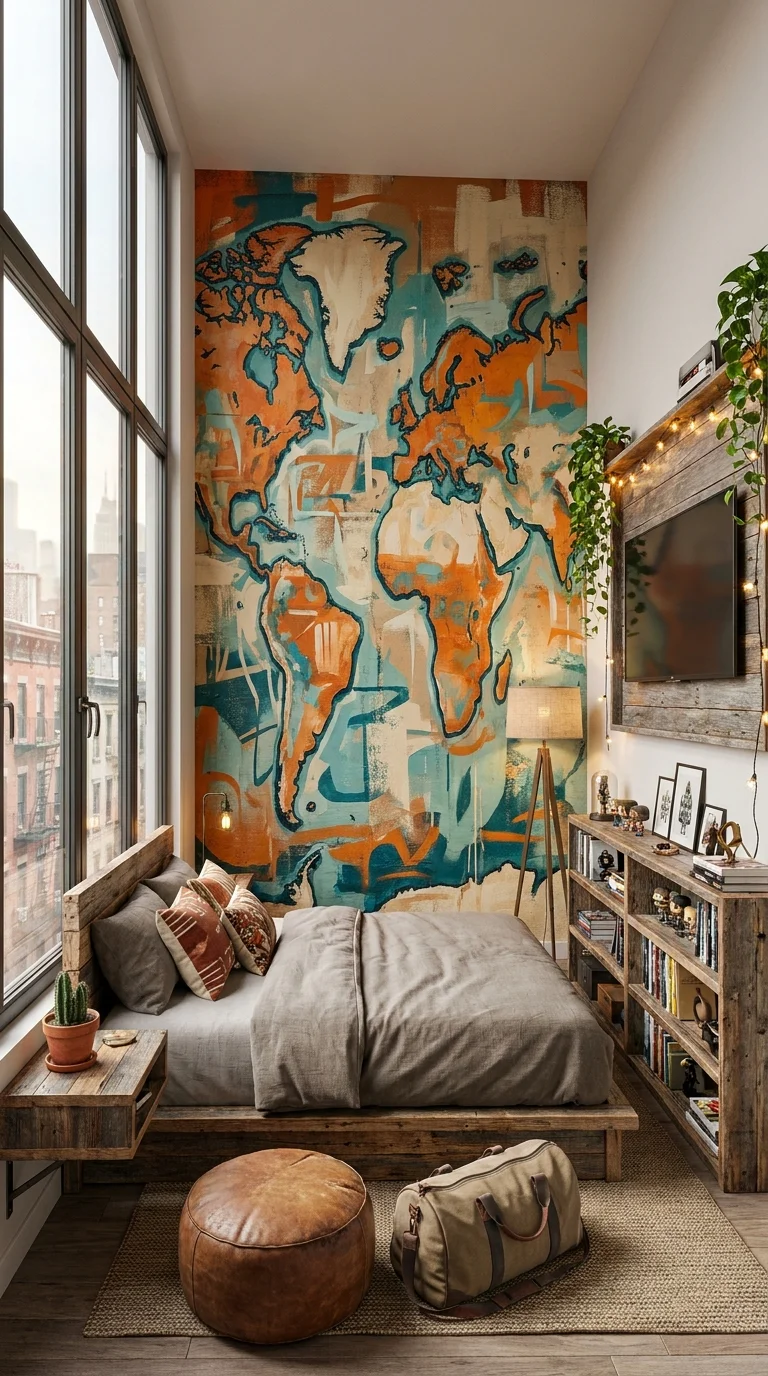Bedroom with oversized world map mural behind a low platform bed