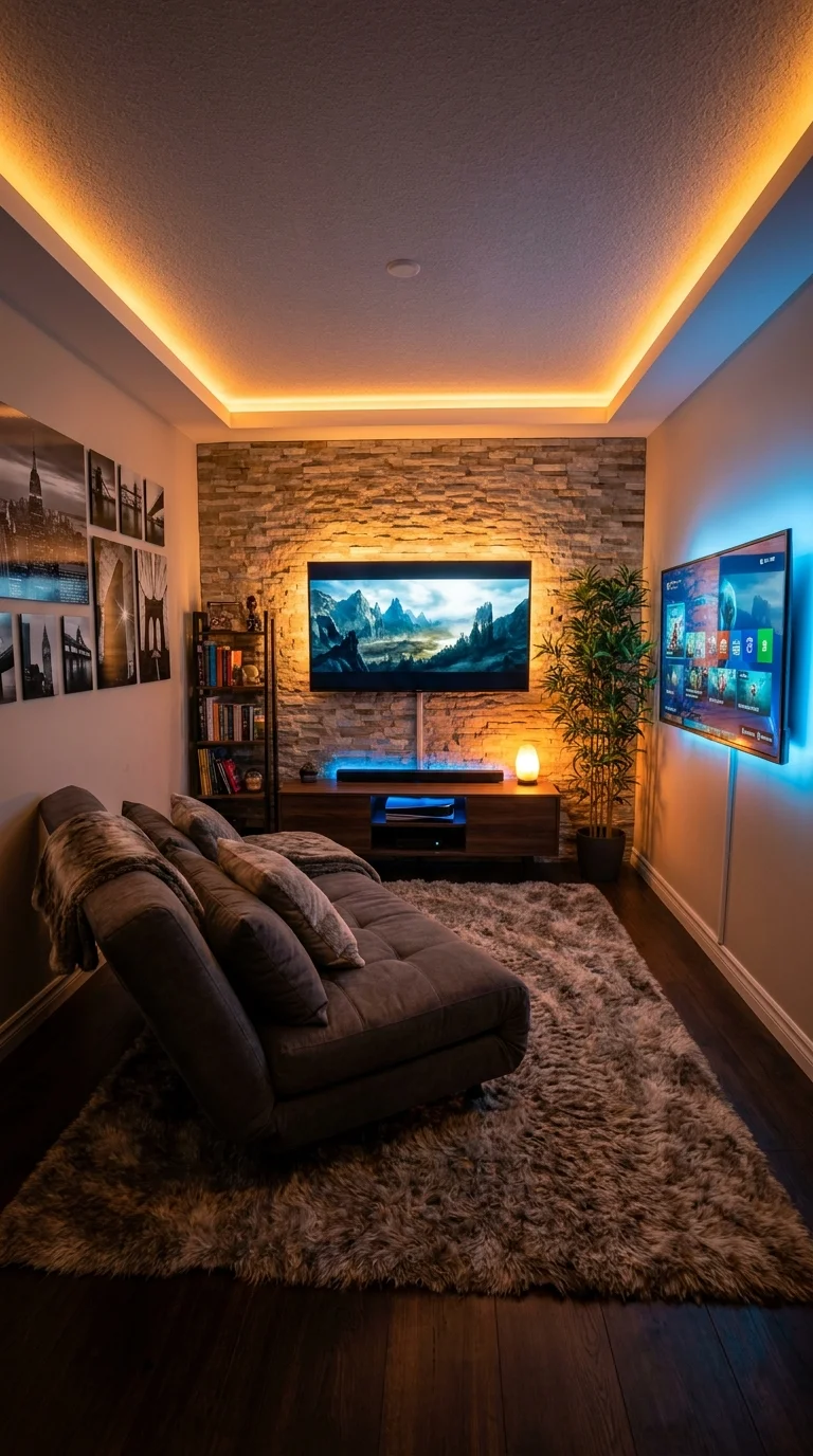 Cozy media lounge with stone accent wall and dual-zone LED lighting