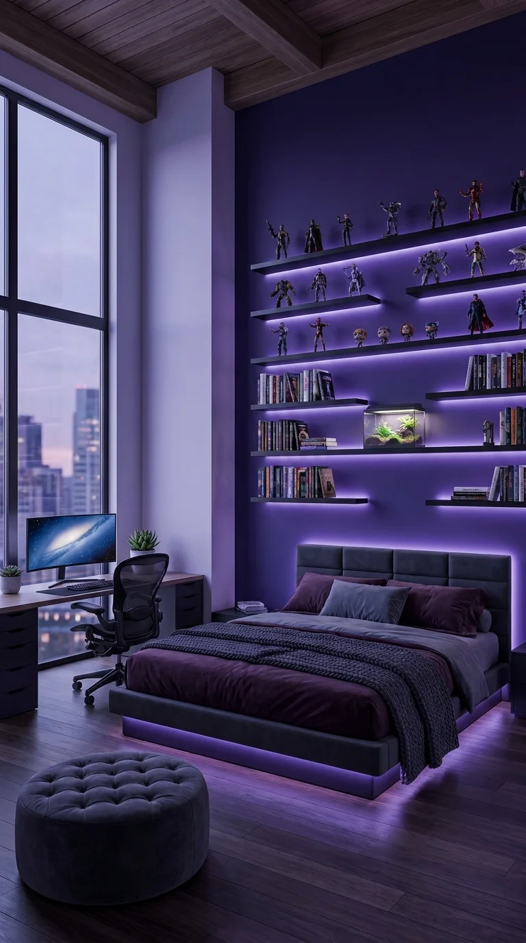 Floor-to-ceiling shelving wall backlit with purple LED behind a bed