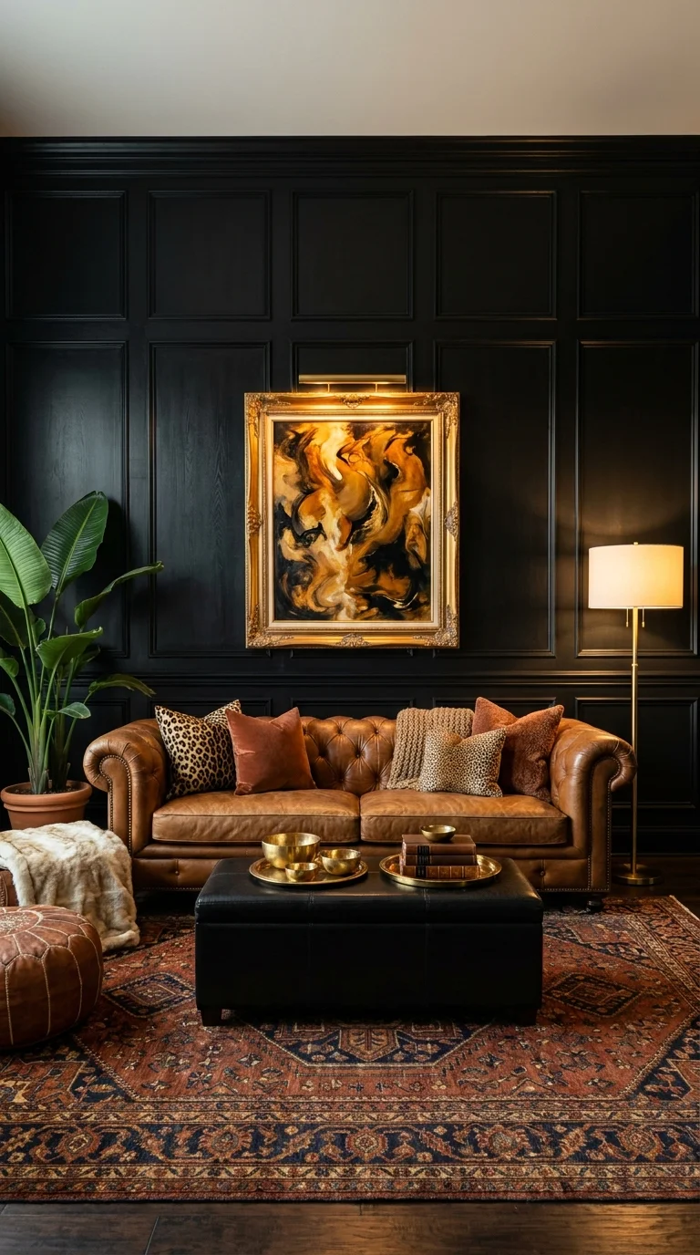 Black paneled living room with cognac leather chesterfield and gold abstract art