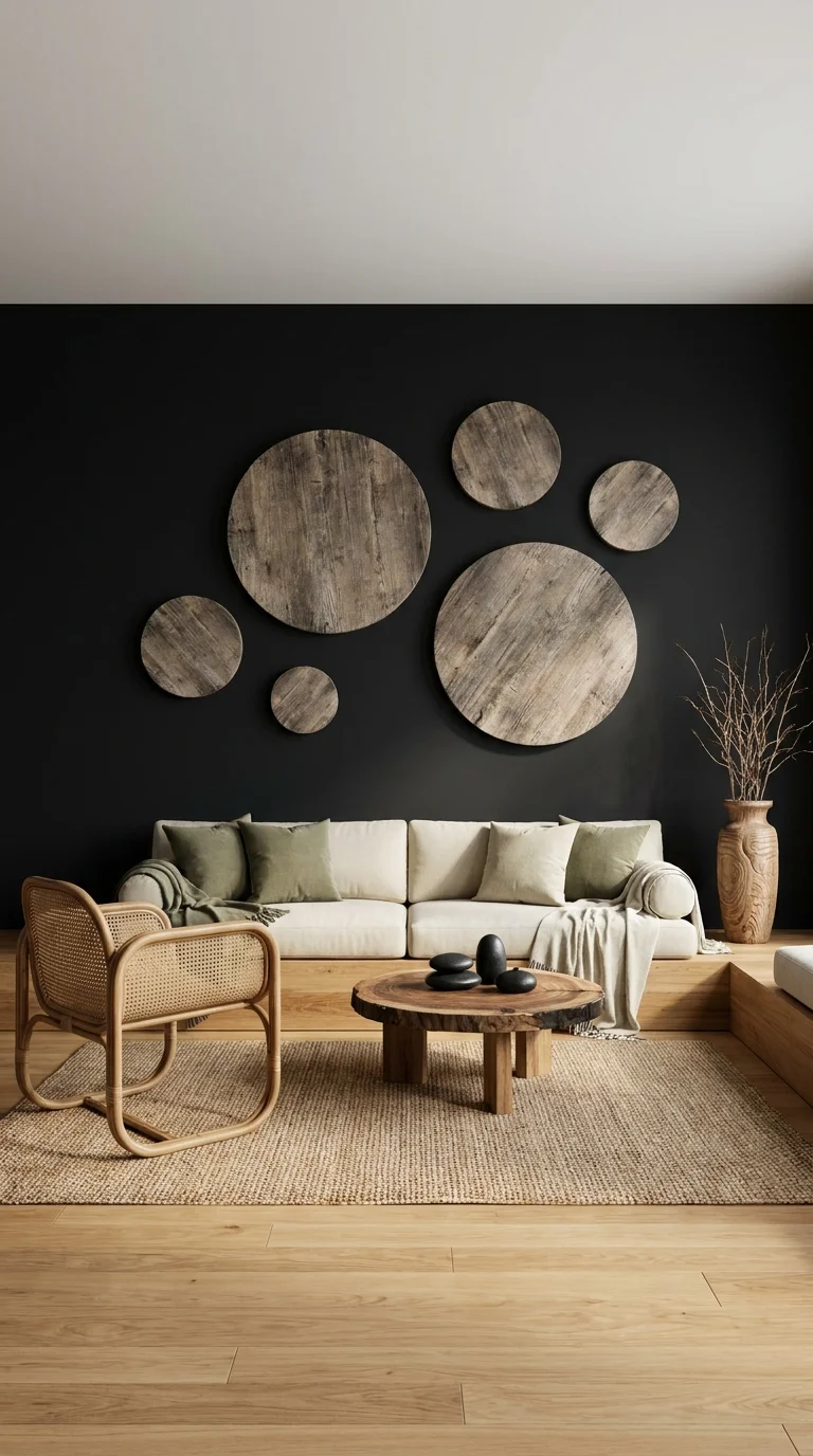 Black wall with reclaimed wood disc art above cream boucle sofa