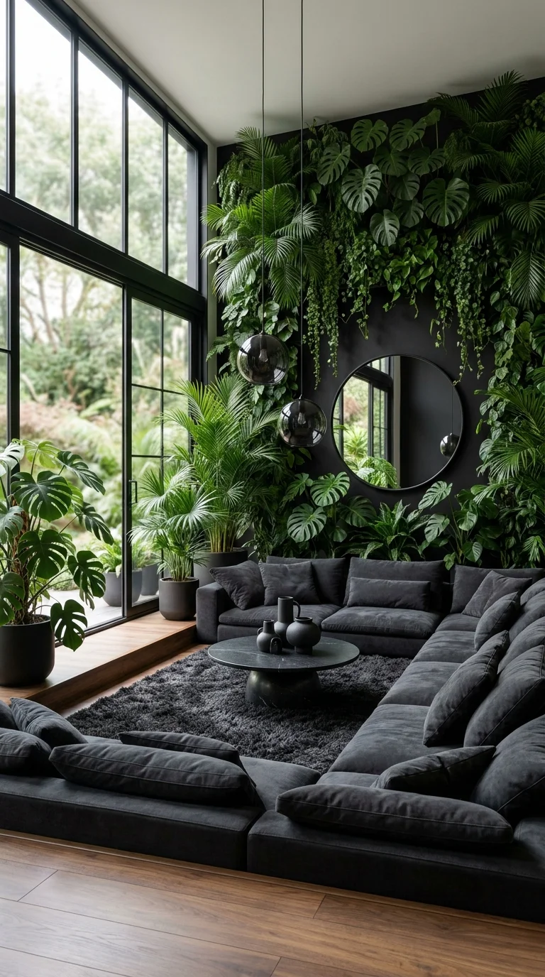 Living plant wall with round mirror beside black steel window frames