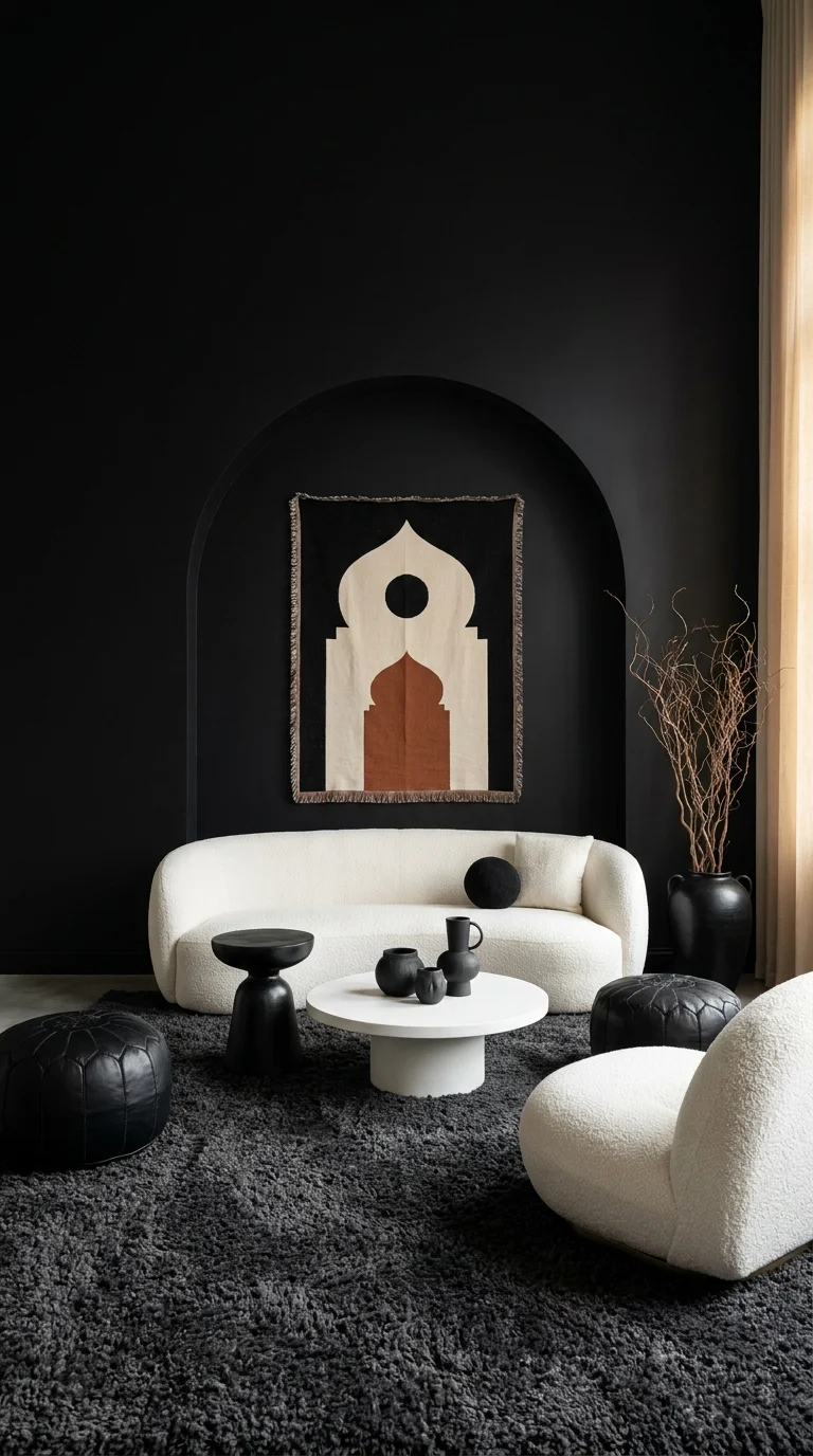Arched black niche with woven tapestry above cream boucle curved sofa