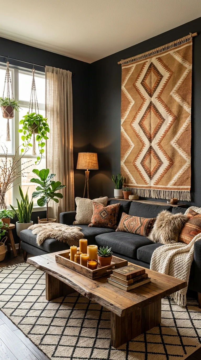 Charcoal wall with diamond kilim tapestry above grey sectional sofa