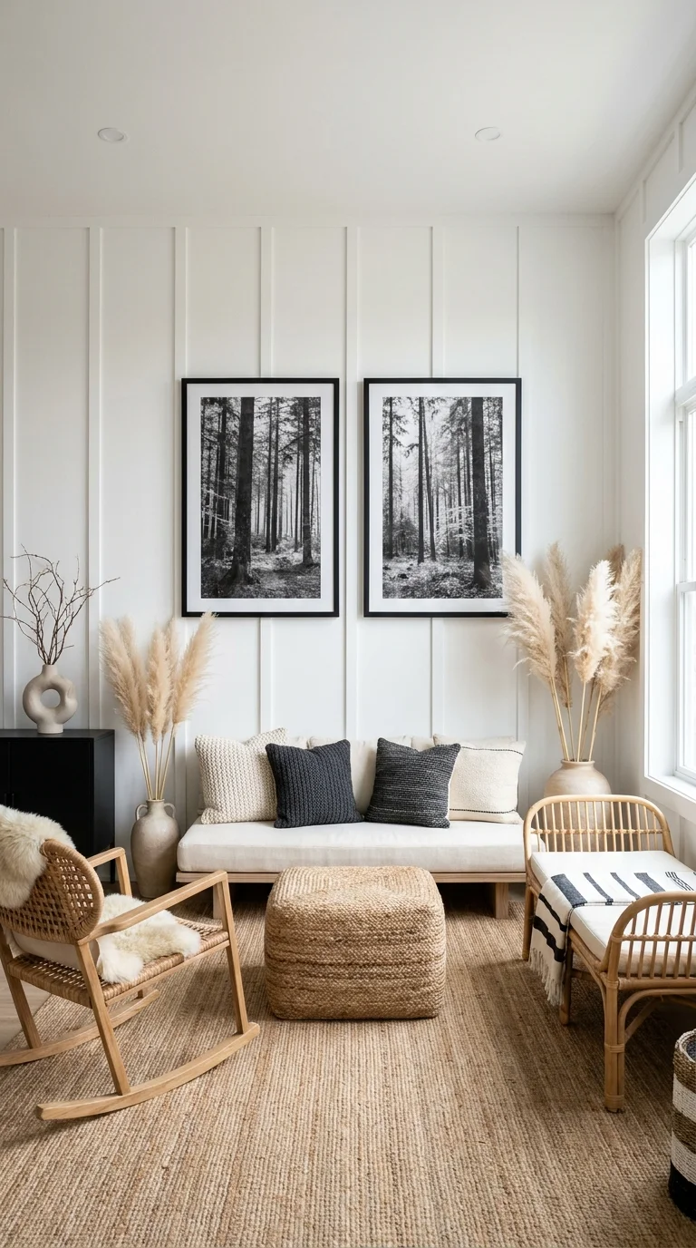 White paneled living room with black and white forest photography prints