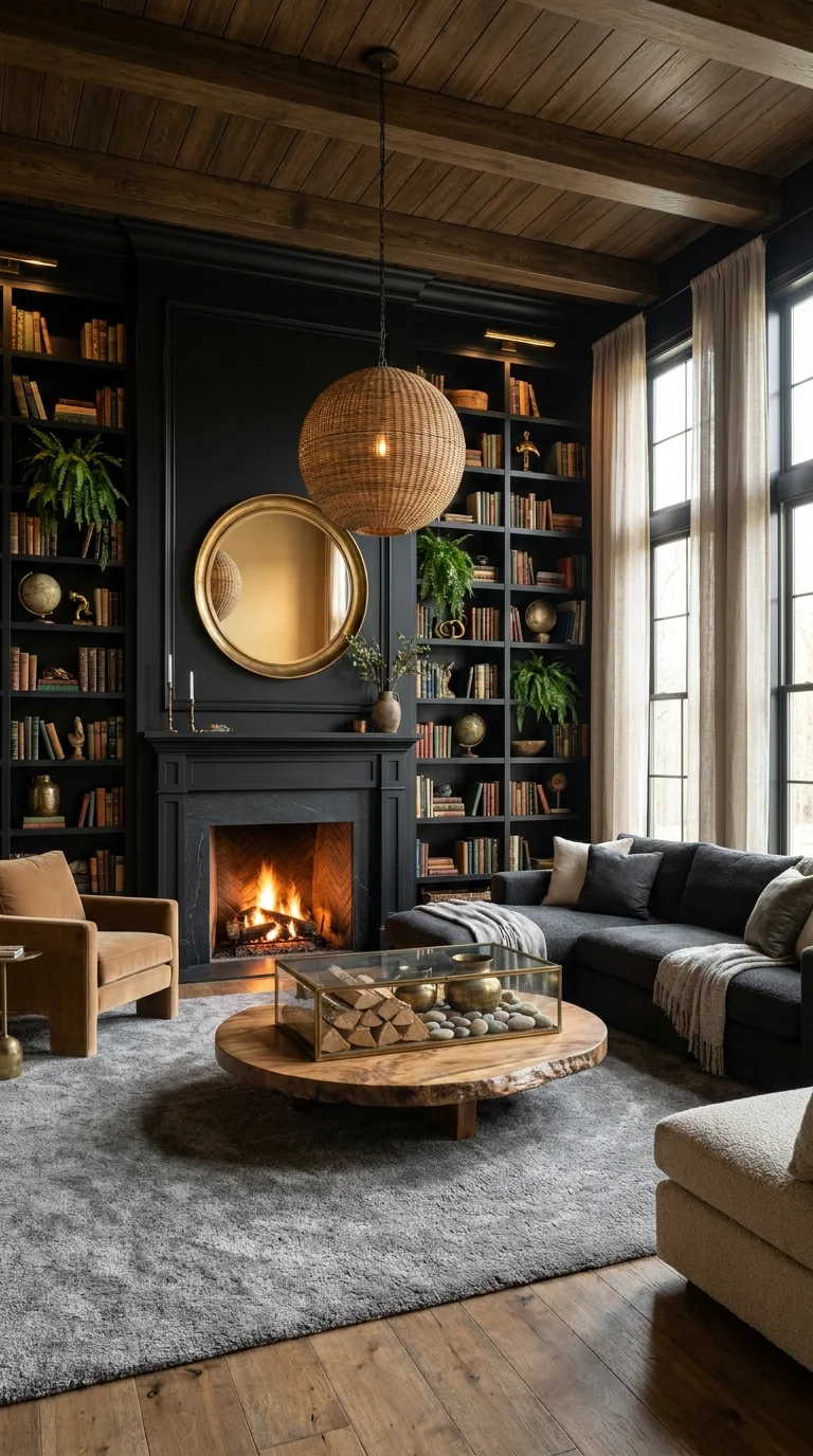 Black built-in bookshelves with fireplace and oversized rattan pendant light